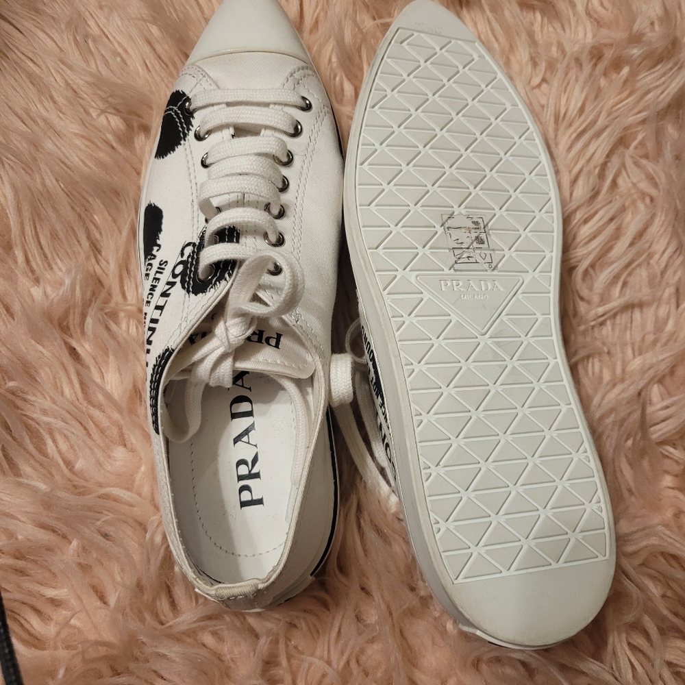 Prada Women's 1E617M White Fabric Synthesis Polka Dot Pointy Sneakr - Picture 4 of 7